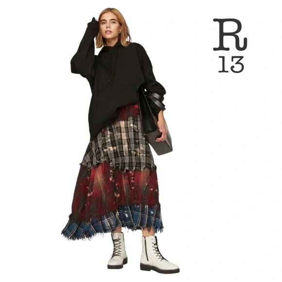 R13 Pieced Gathered Skirt in Red, Beige, & Blue Plaid - Small - Picture 1 of 14